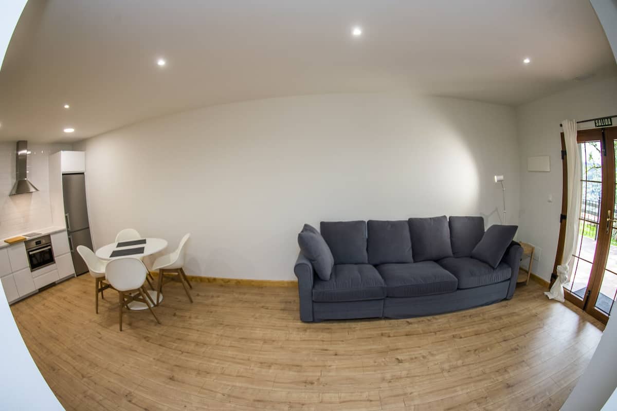 A modern living room with a grey sofa, a dining table with chairs, and a kitchen area with white cabinets and a stove.