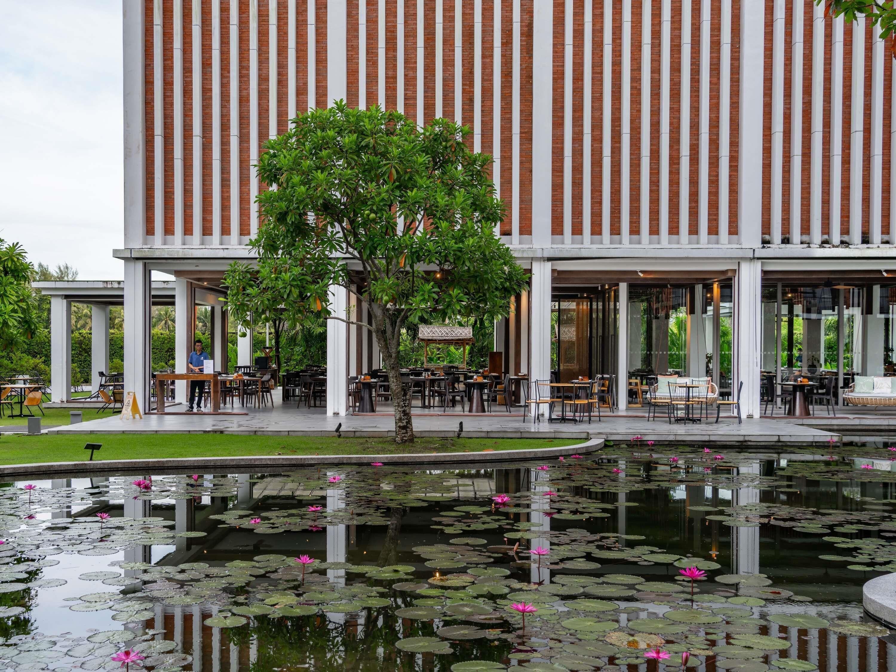 A modern building with a brick facade, outdoor seating area, and a pond with water lilies.