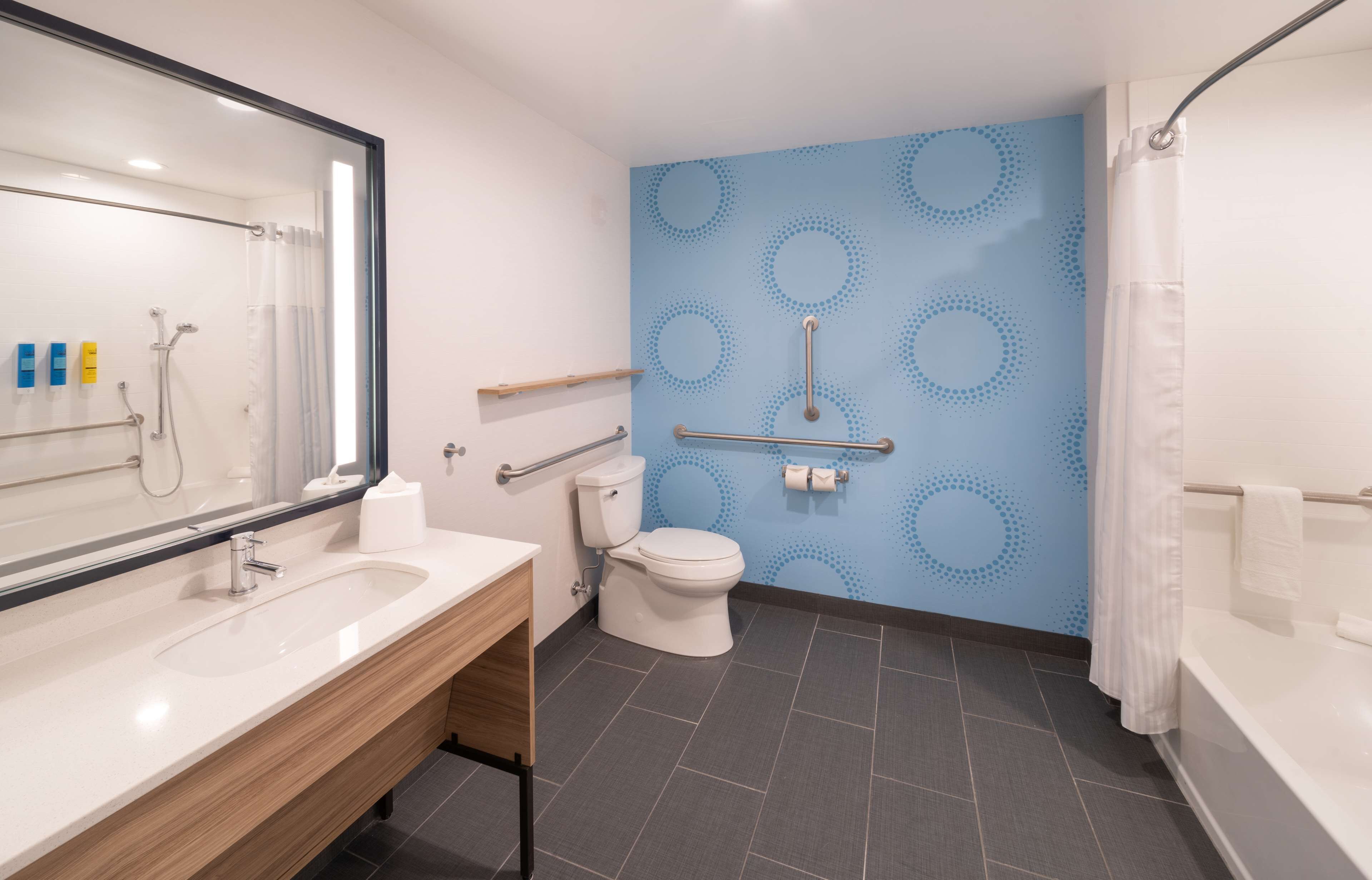 hair dryer, towels, soap, shampoo