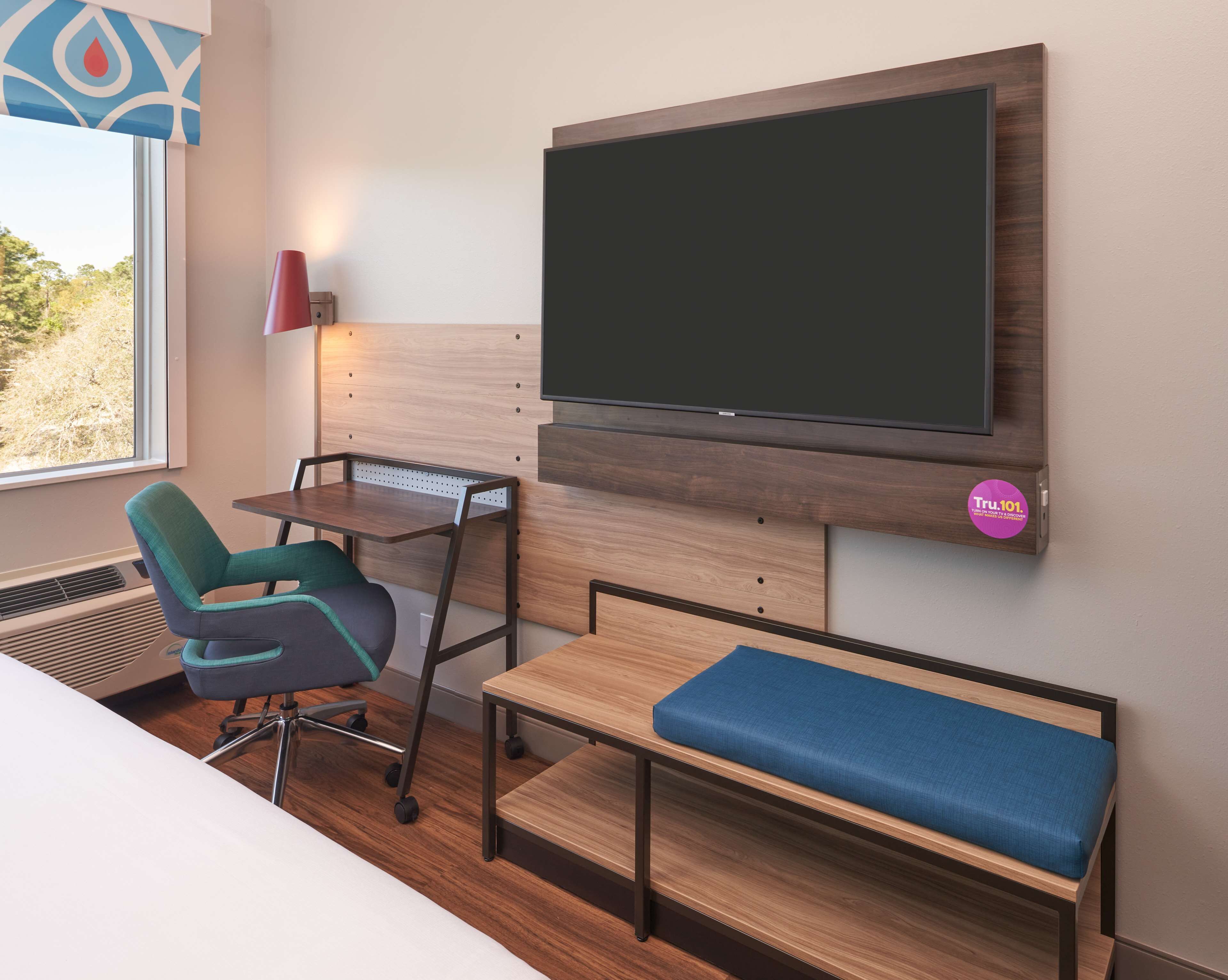 desk, laptop workspace, blackout curtains, iron/ironing board