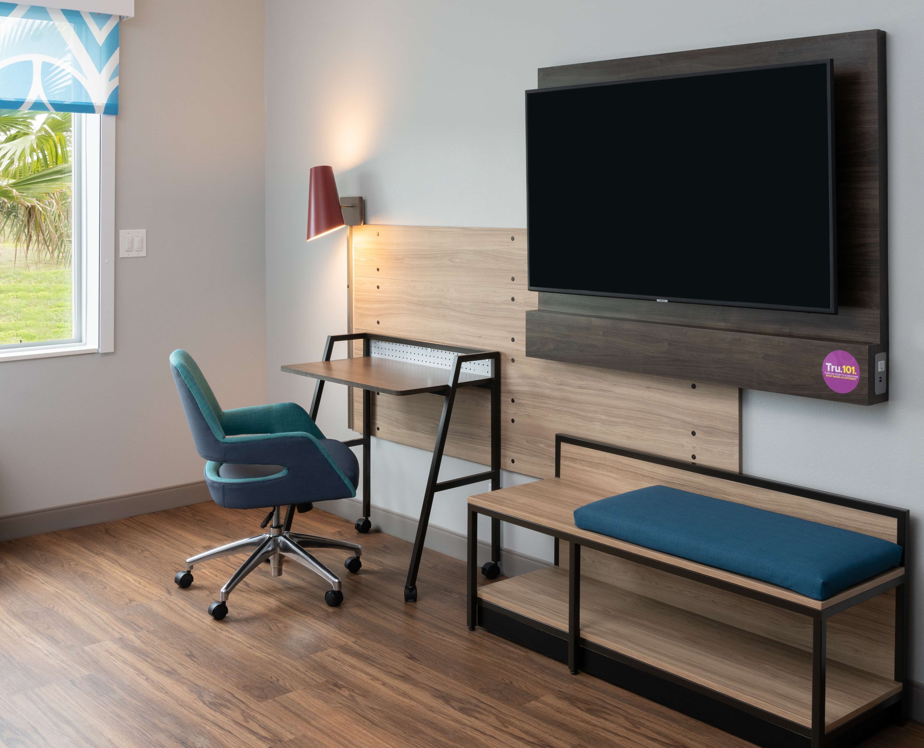 desk, laptop workspace, blackout curtains, iron/ironing board