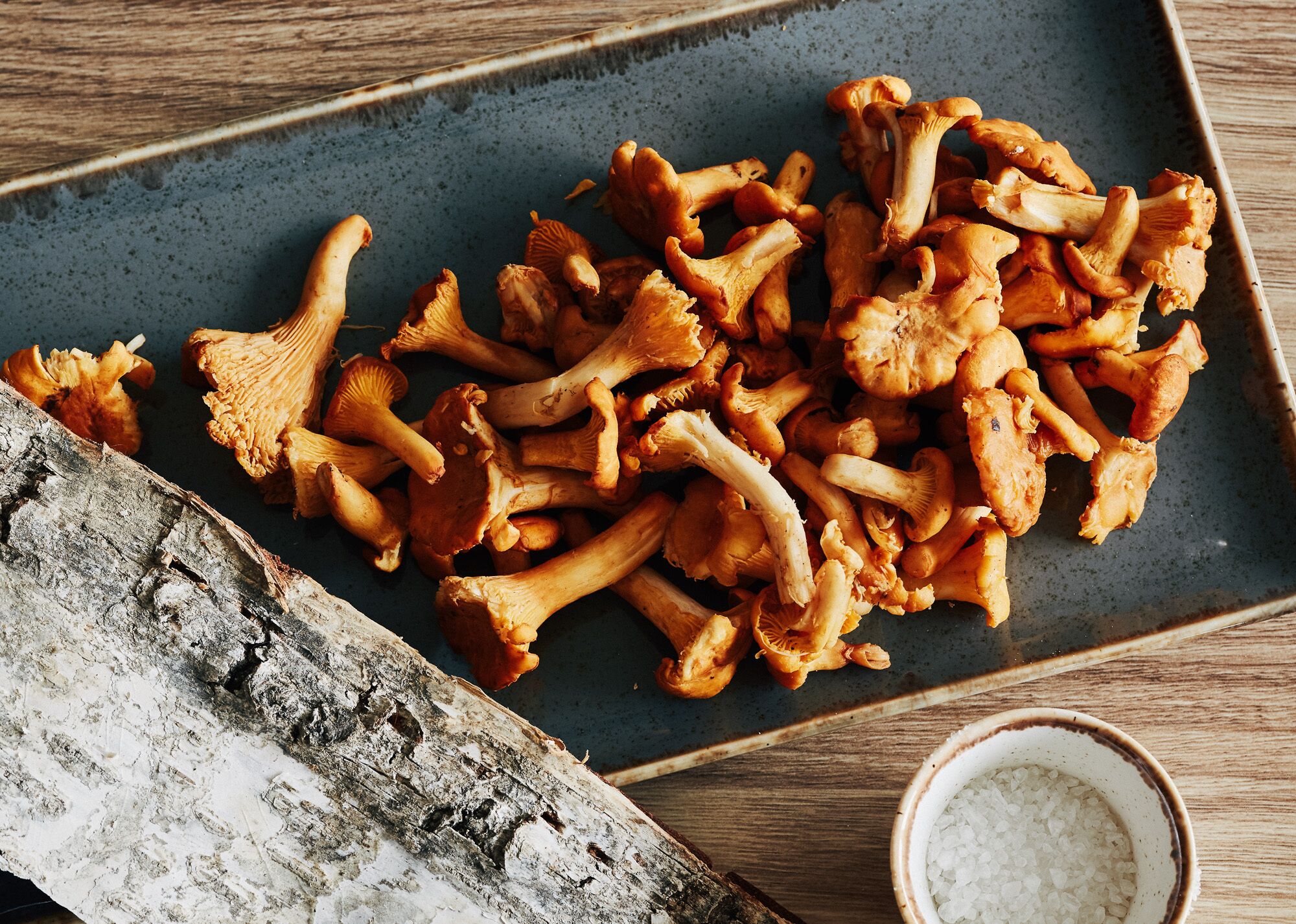 A tray of dried mushrooms on a ceramic plate, accompanied by a piece of wood and a small bowl of salt.