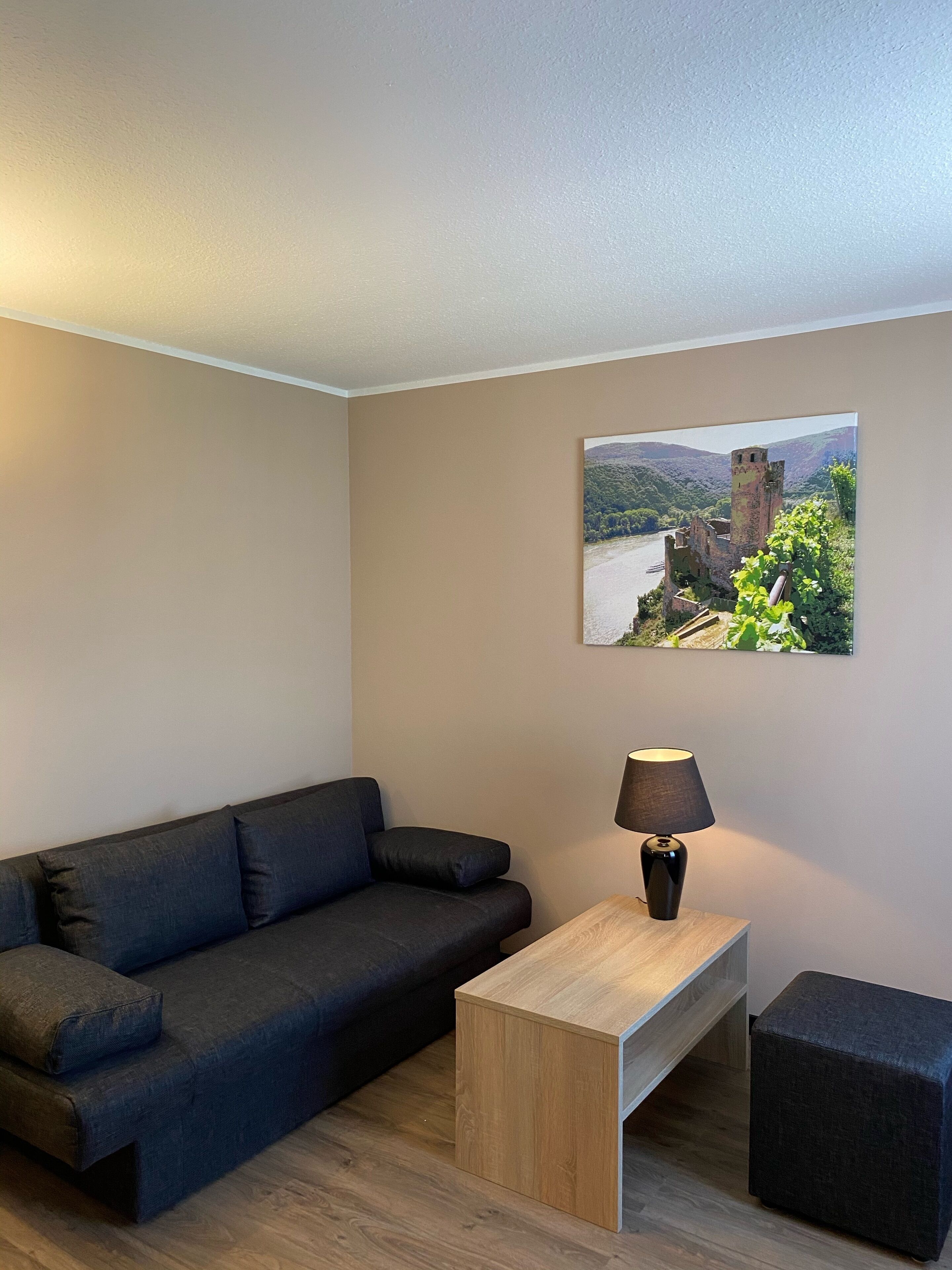 A modern room with a dark blue sofa, a wooden side table with a lamp, and a framed picture of a castle on the wall.