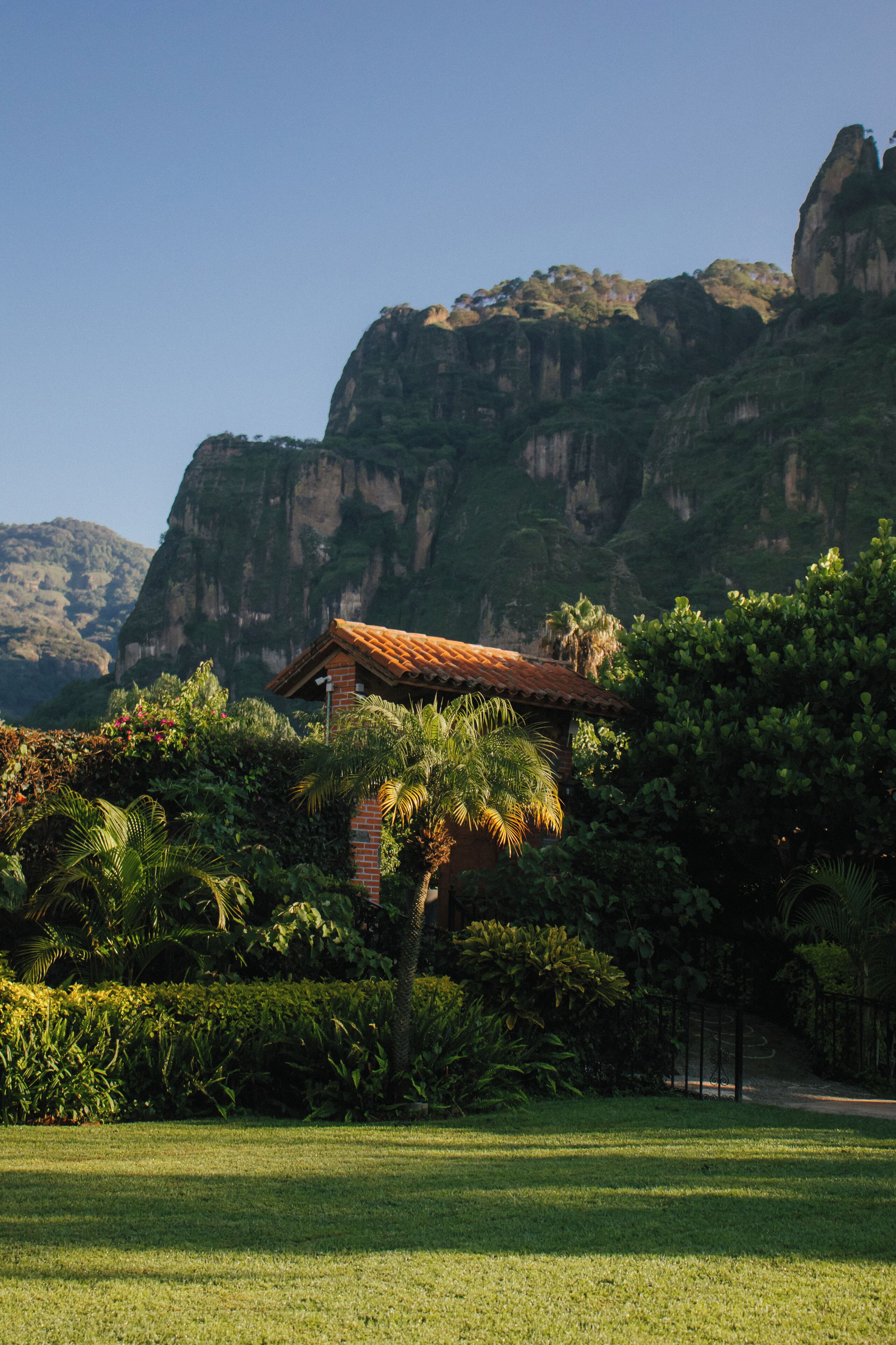 A house with a red roof surrounded by lush greenery and a mountain in the background.