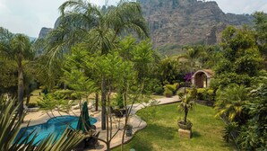 A lush garden with a swimming pool, palm trees, and a small building with a red roof.