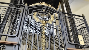 Una reja negra de hierro forjado con diseños intrincados y un emblema dorado.
