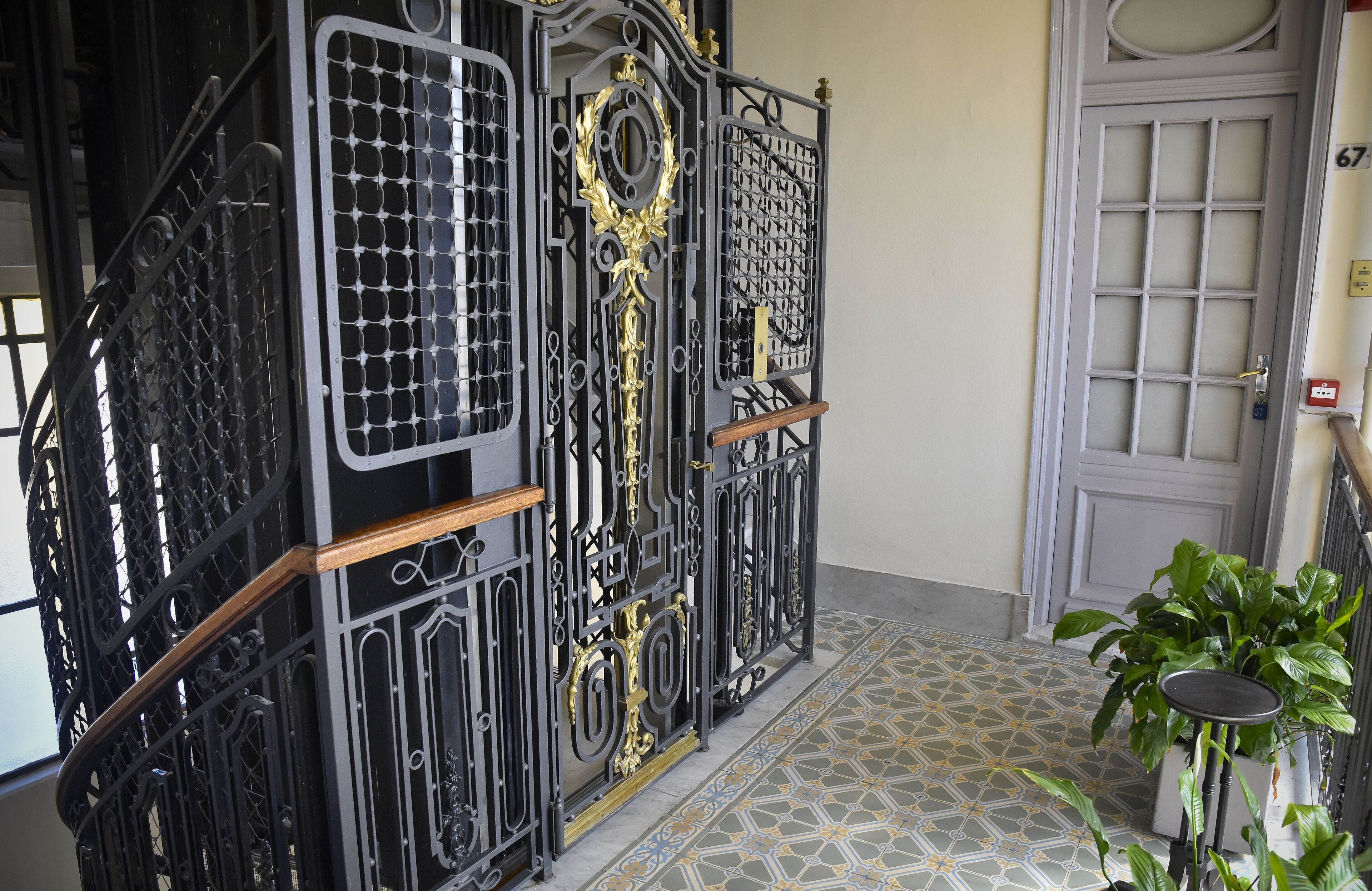 Una reja negra de hierro forjado con diseños intrincados y un detalle dorado, que da acceso a una puerta con diseño de celosía.