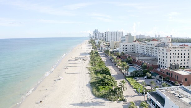 A coastal hotel with a beachfront view, including a sandy beach and a row of palm trees. - 521 Studio Hollywood Beach (Hollywood)