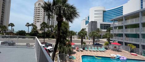 A hotel pool area with a clear view of the pool, lounge chairs, and palm trees.