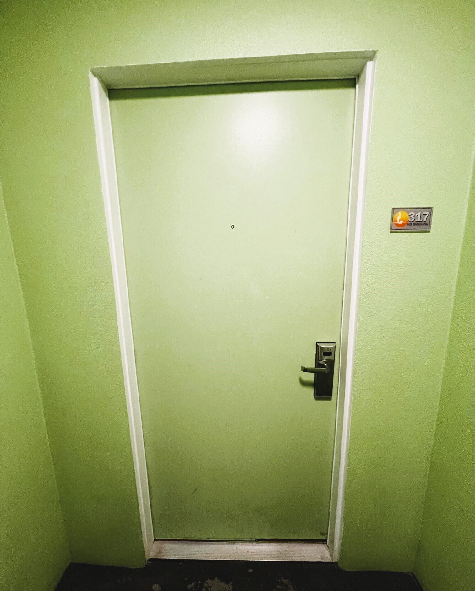 A green door with a no smoking sign, a doorbell, and a small window.
