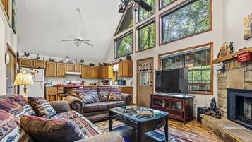 Een smart-tv, een open haard, een dvd-speler en boeken