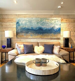 Smart TV, fireplace, books
