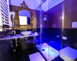 Shower, hair dryer, bidet, towels