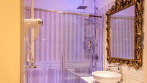 A bathroom with a glass-enclosed shower, a white sink, and a gold-framed mirror. - Presidential Suite (Roma)
