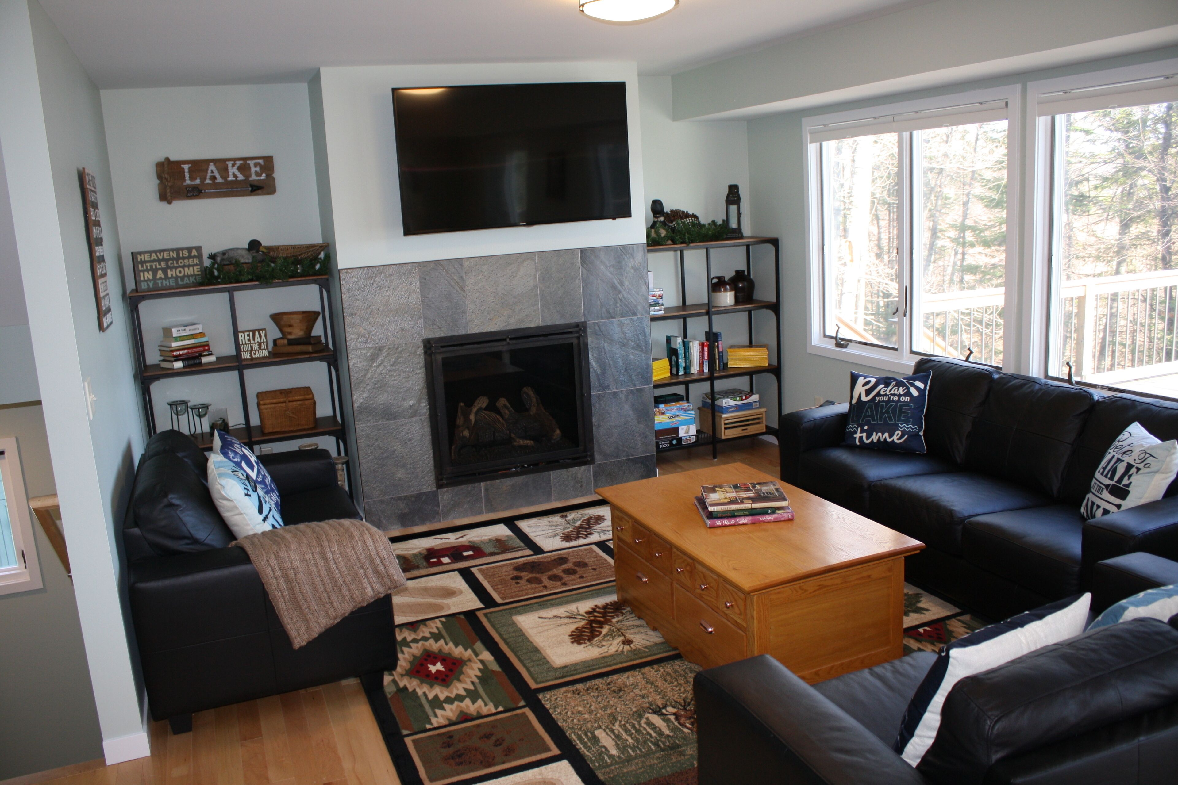 TV connectée, cheminée, lecteur de DVD, livres