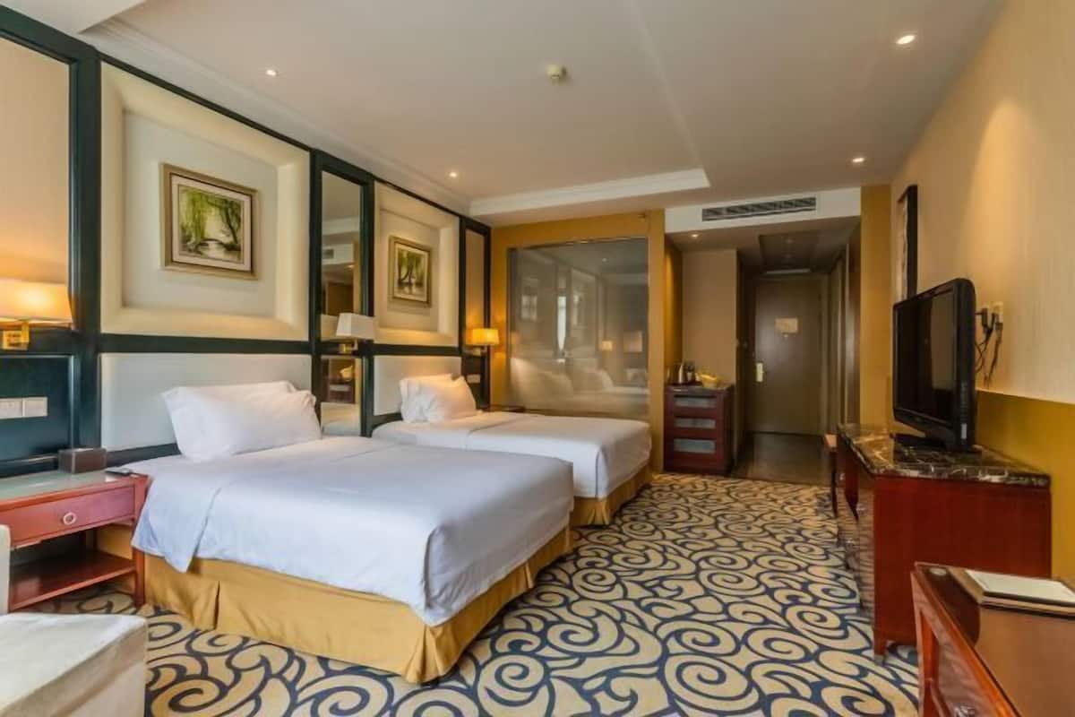 A hotel room with two beds, a television, a desk, and a patterned carpet.