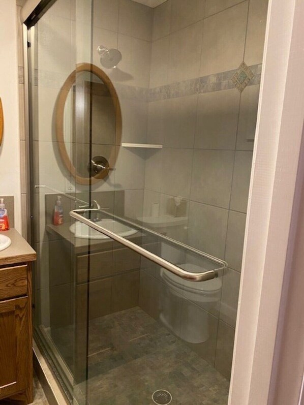 A glass-enclosed shower with a handrail, a wooden vanity with a mirror, and a toilet visible through the glass. - lake close (Mount Ida)