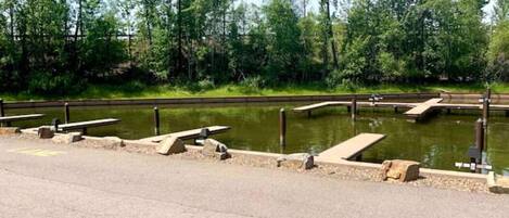 A paved area with benches and a small pond, surrounded by trees.