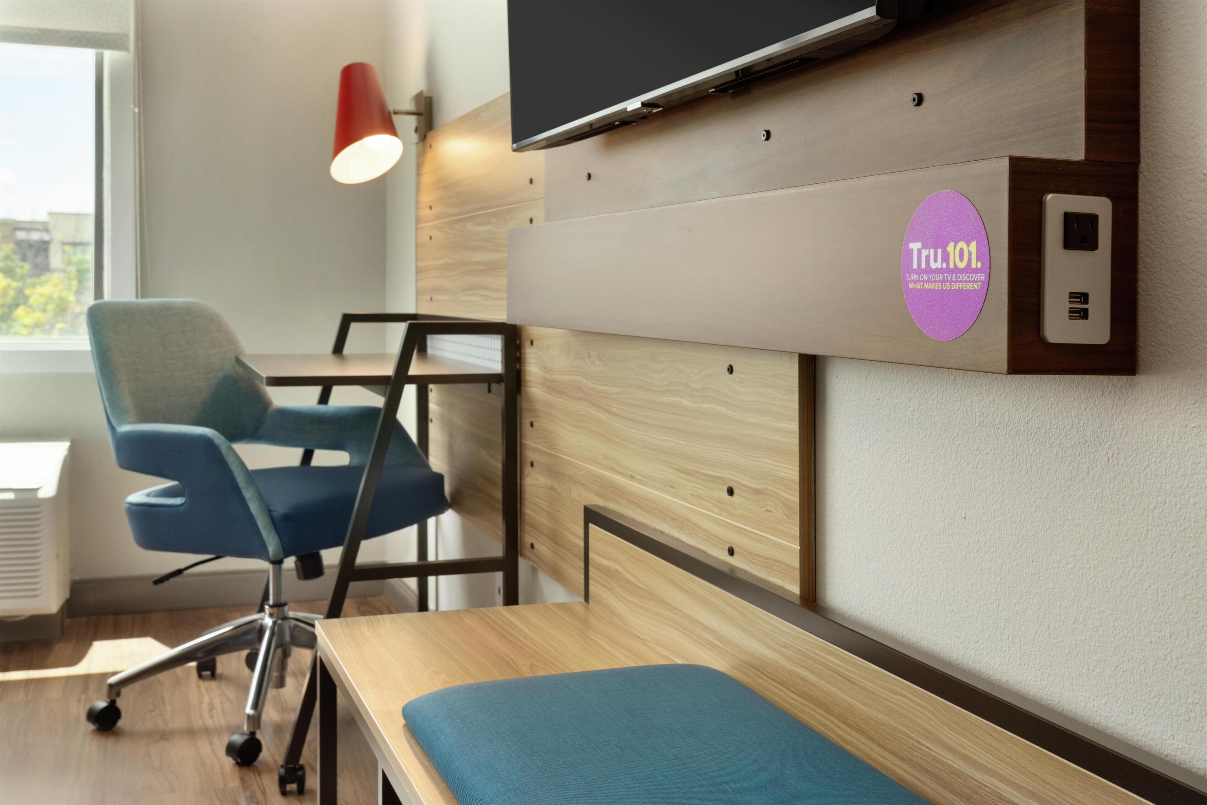 Desk, laptop workspace, blackout curtains, iron/ironing board