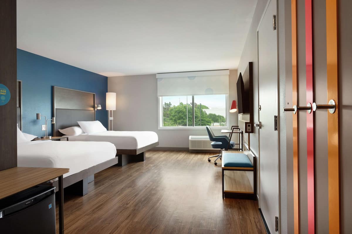 desk, laptop workspace, blackout curtains, iron/ironing board