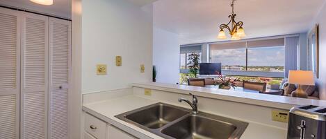 A modern kitchen with a double sink, a toaster, and a view of the outdoors.