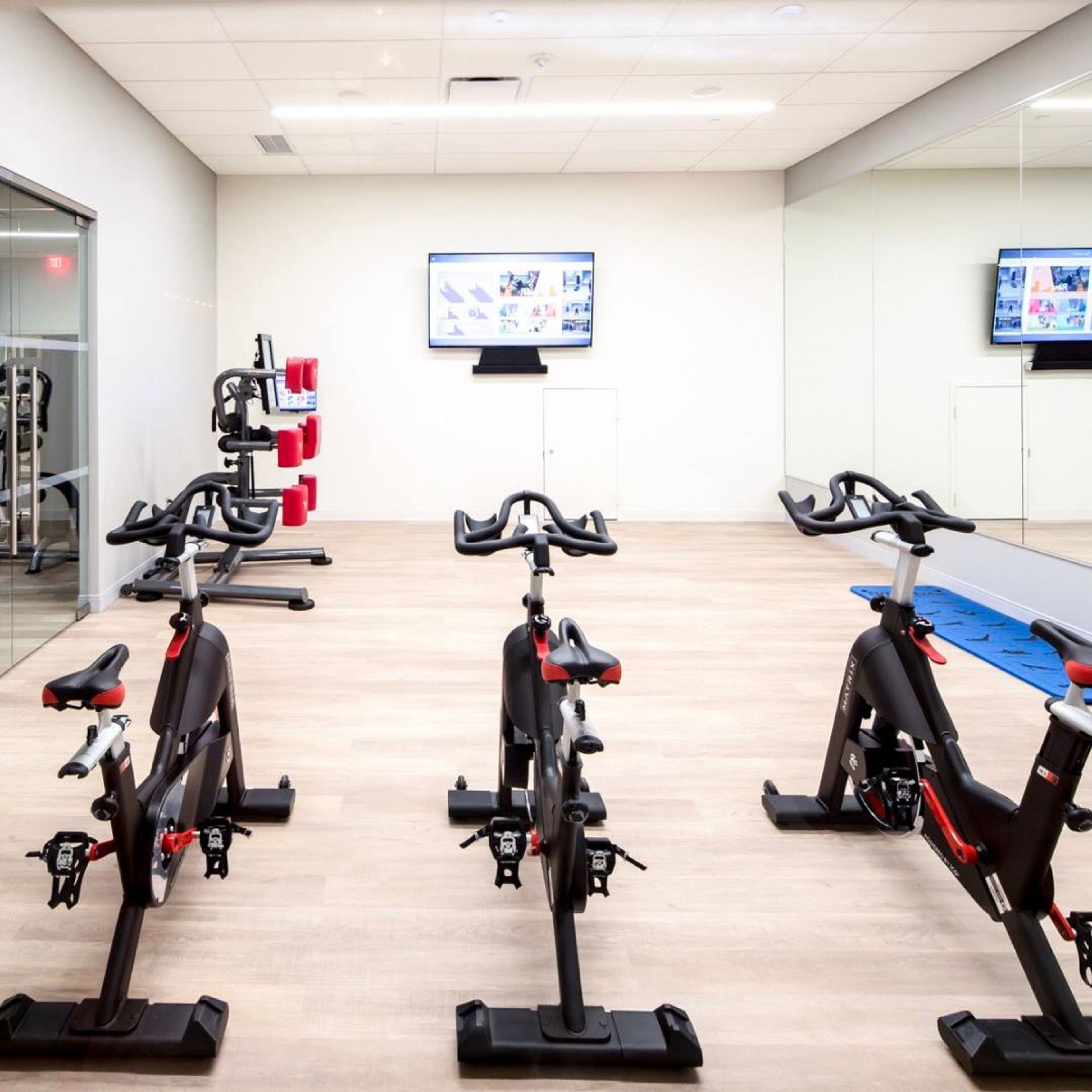 A gym with stationary bikes, a weight machine, and a wall-mounted TV.