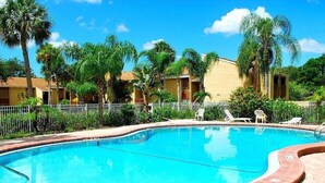 A swimming pool with a 3 ft 6 in depth, surrounded by palm trees and a fence. - 2BD/2BTH apartment, fenced in yard.  10-minute drive to beautiful Siesta Beach.  (Sarasota)