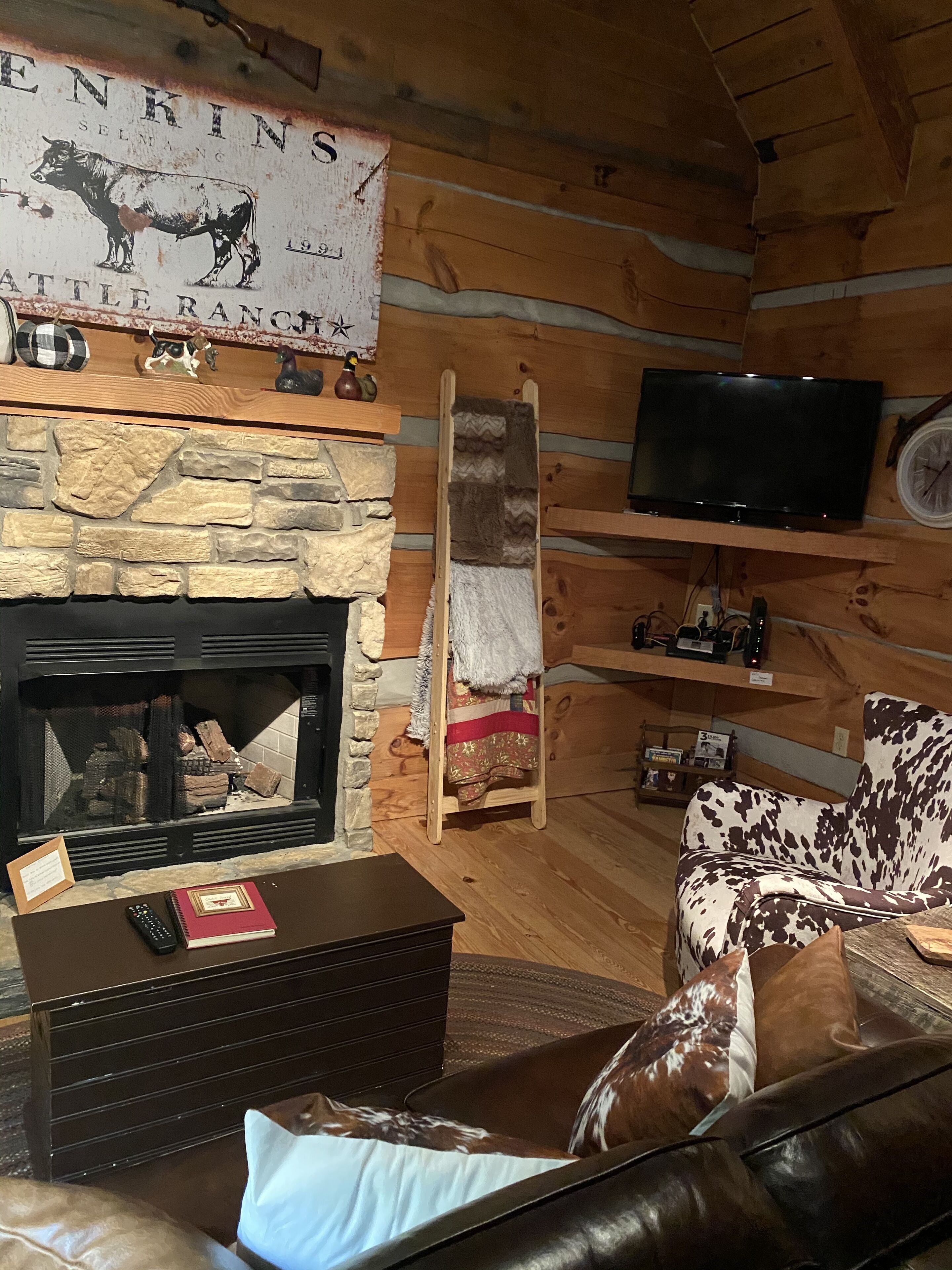 Télévision, cheminée, lecteur de DVD, vidéothèque