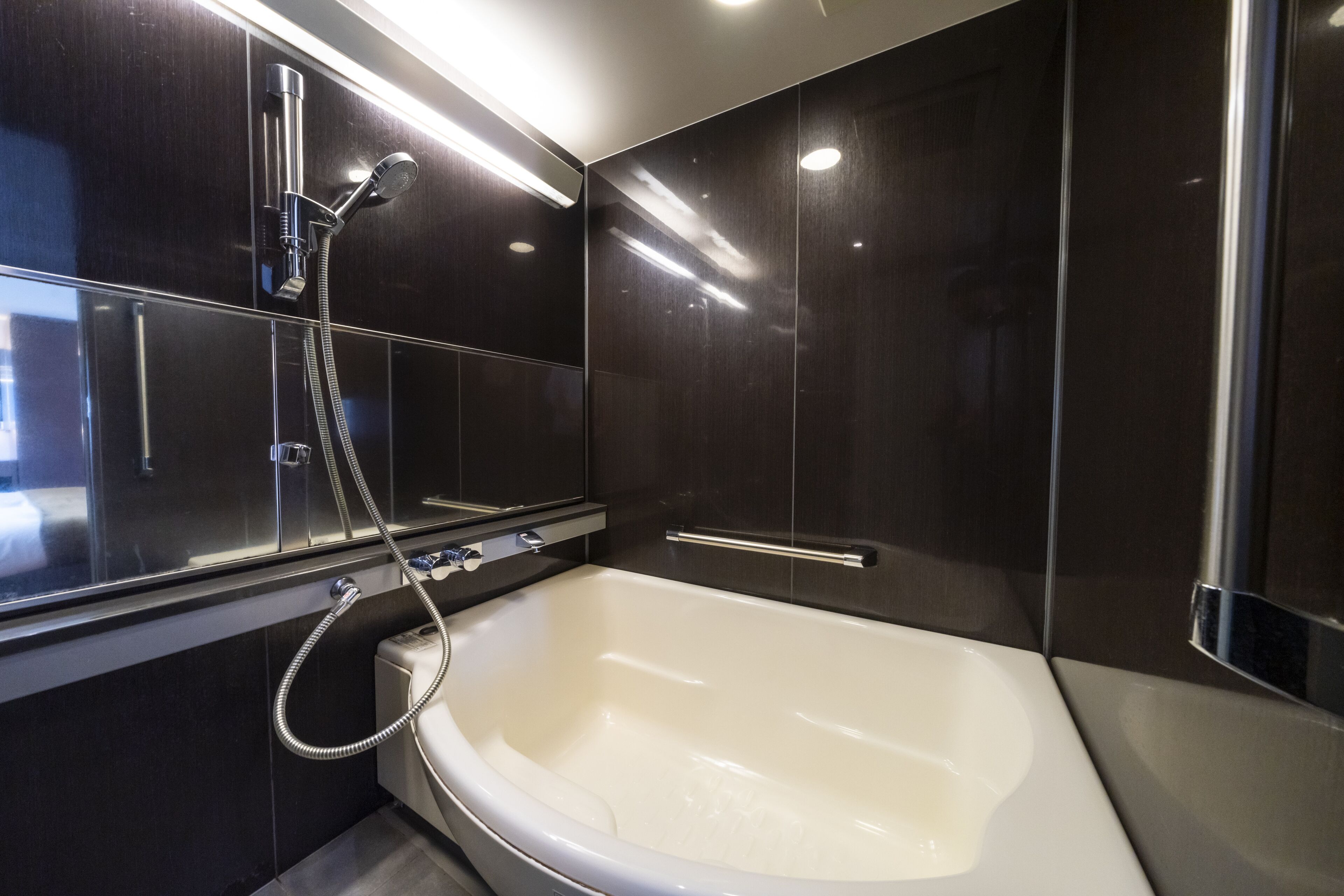 combined shower/bathtub, hair dryer, electronic bidet, towels