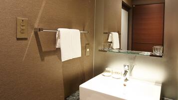 Tina con regadera, secadora de cabello, bidet electrónico, toallas