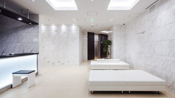 Un moderno vestíbulo de hotel con un mostrador de recepción, una zona de estar y una planta.
