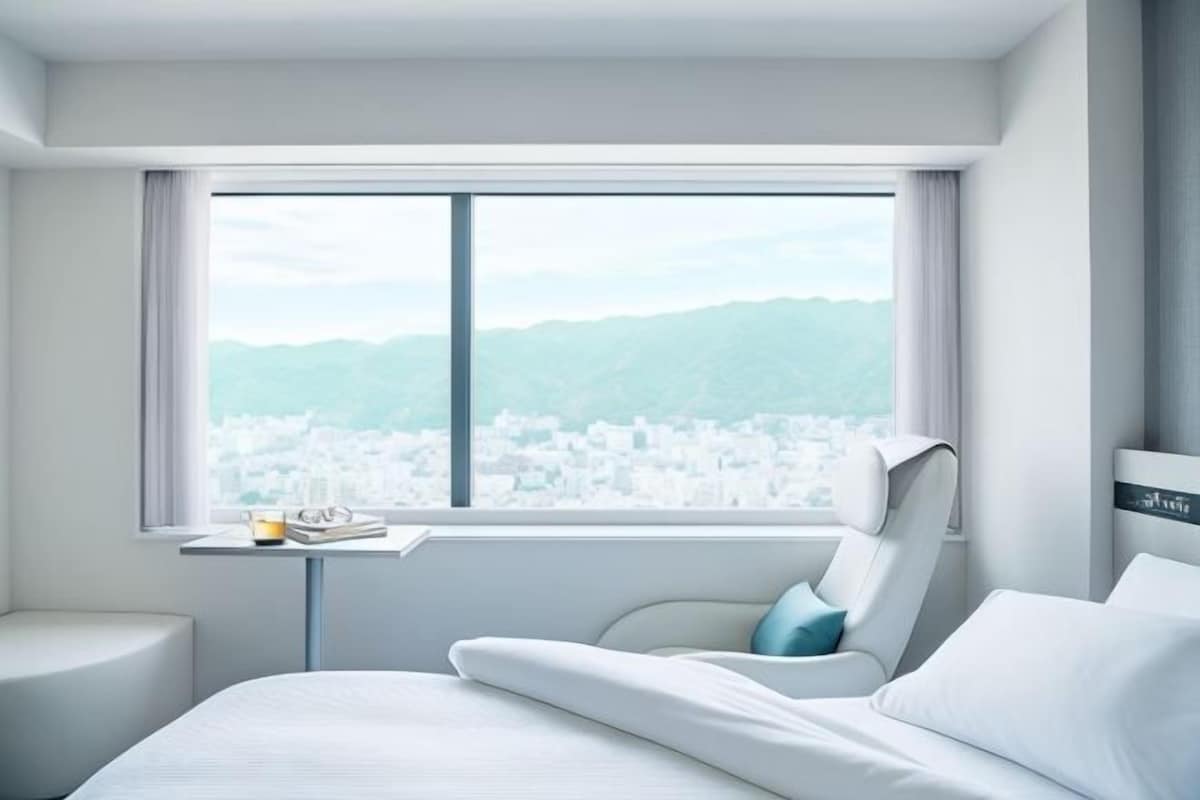 A modern hotel room with a large window, a bed, a bedside table with a cup and book, and a chair with a pillow.