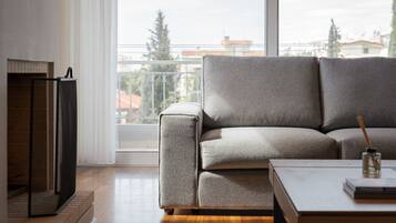 Smart TV, chimenea, reproductor de DVD y estéreo