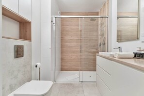 Shower, hair dryer, towels