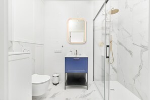 Shower, hair dryer, towels, shampoo