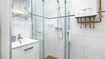 Dusche, Haartrockner, Handtücher, Shampoo