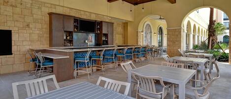 An outdoor patio area with seating and a bar.