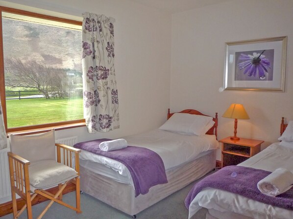 A room with two beds, a chair, a window with curtains, a lamp, and a framed picture on the wall. - Behy Lodge Glenbeigh (Glenbeigh)