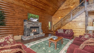 Cabin, Multiple Beds, Hot Tub | Living area | 42-inch flat-screen TV with cable channels, TV, fireplace