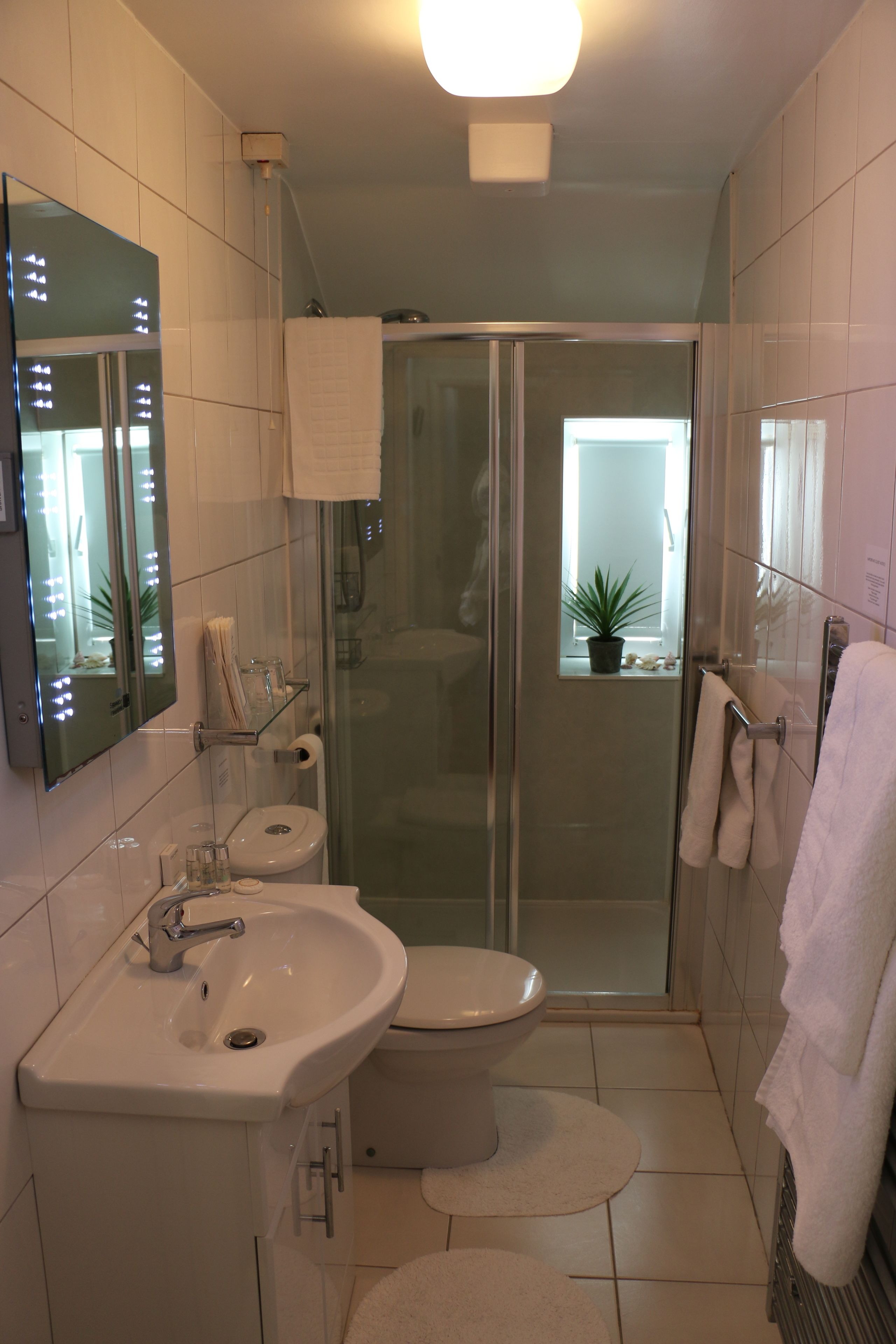 A modern bathroom with a glass-enclosed shower, a sink, and a toilet.