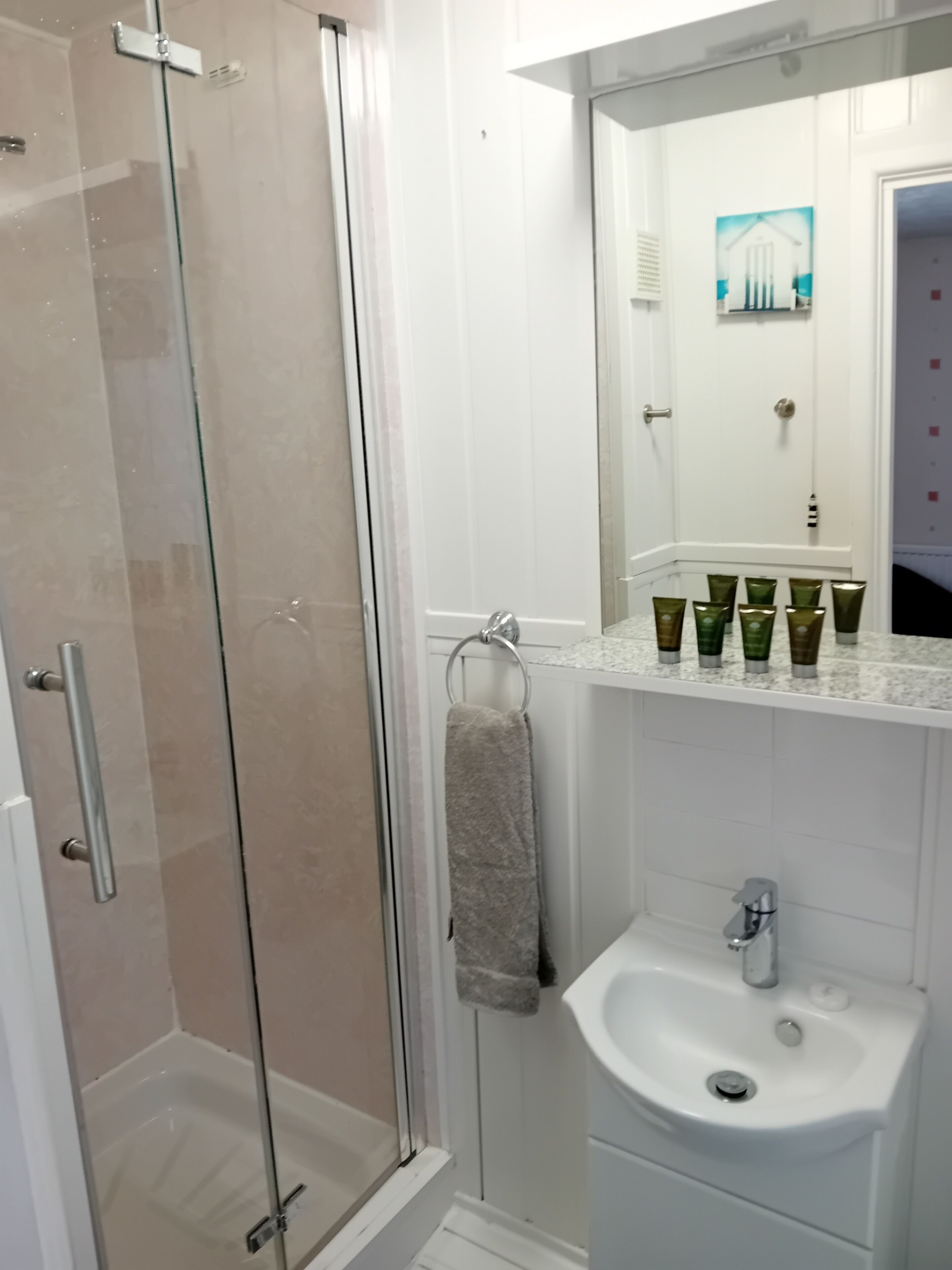 A bathroom with a glass-enclosed shower, a sink, and a mirror above it.