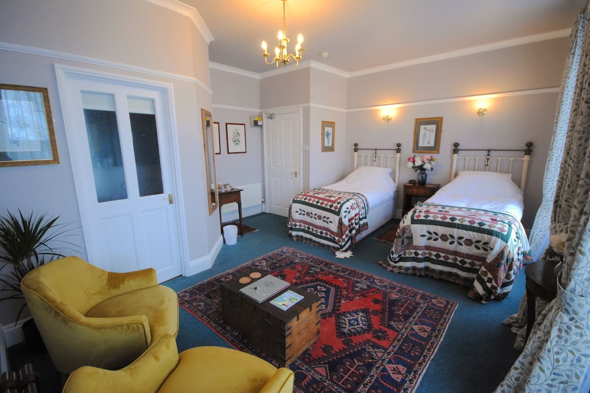 A bedroom with two beds, a chandelier, a patterned rug, and a yellow armchair.