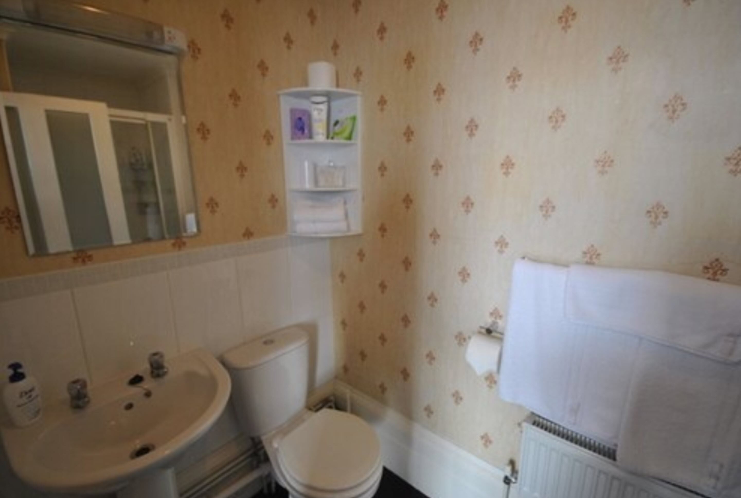 A bathroom with a sink, toilet, and towel rack.