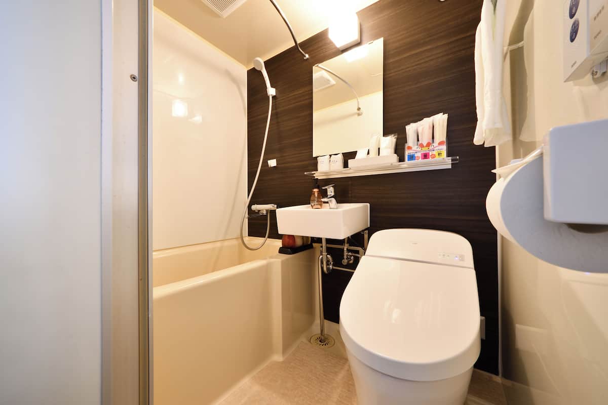 combined shower/bathtub, eco-friendly toiletries, hair dryer, slippers