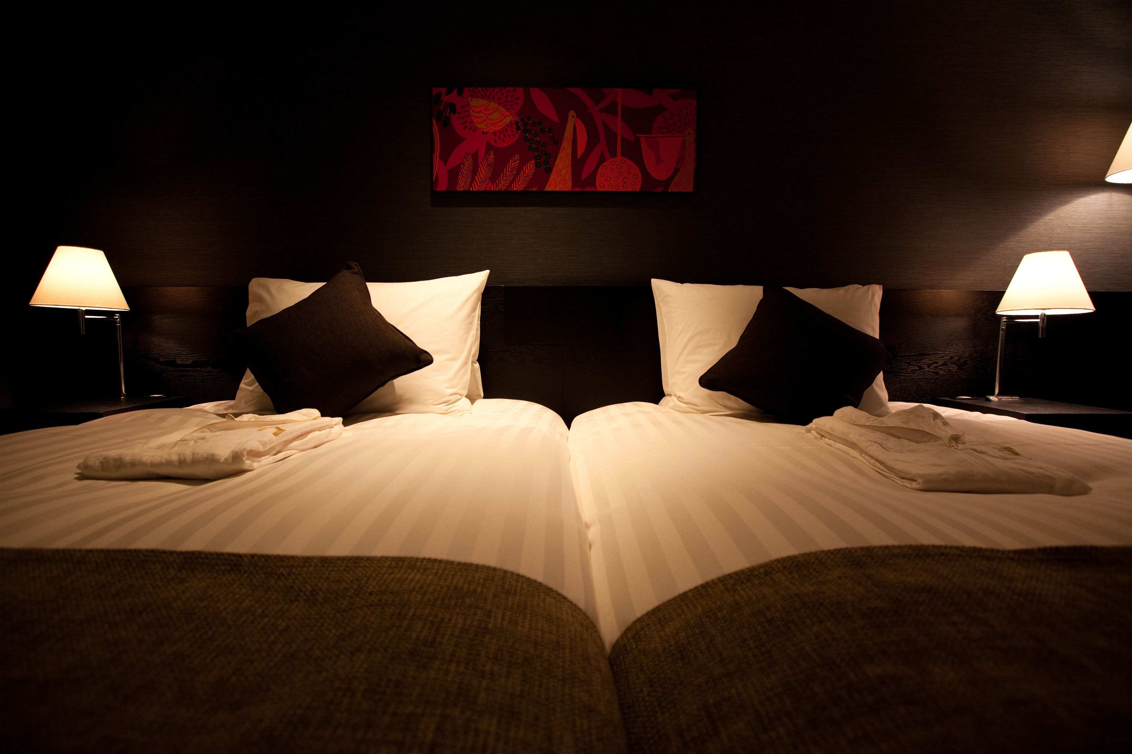 Een hotelkamer met twee bedden, elk voorzien van witte lakens en donkere kussens, met nachtkastjes en lampen ernaast. Daarboven hangt een abstract schilderij in rood.