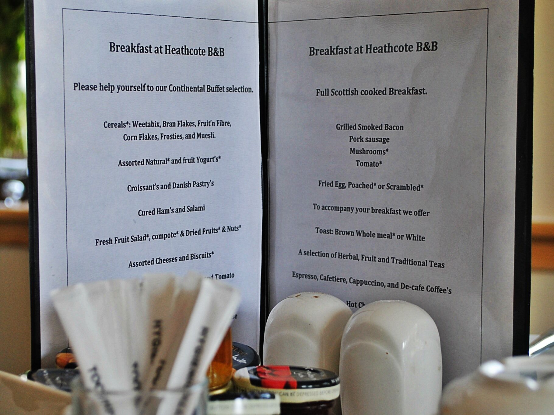 Two breakfast menus at Heathcote B&B, one with Continental Buffet and the other with Full Scottish cooked Breakfast.