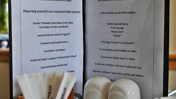 Two breakfast menus at Heathcote B&B, one with Continental Buffet and the other with Full Scottish cooked Breakfast.