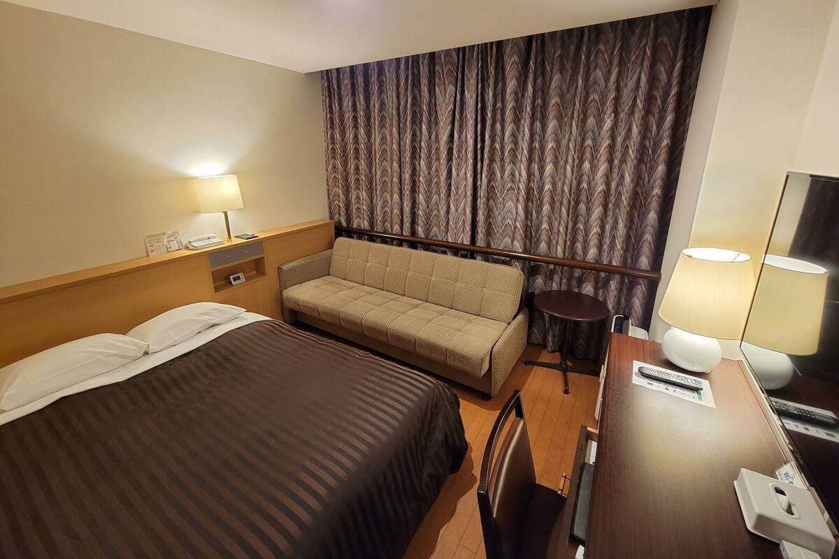 A hotel room with a bed, a sofa, a desk, and a chair.