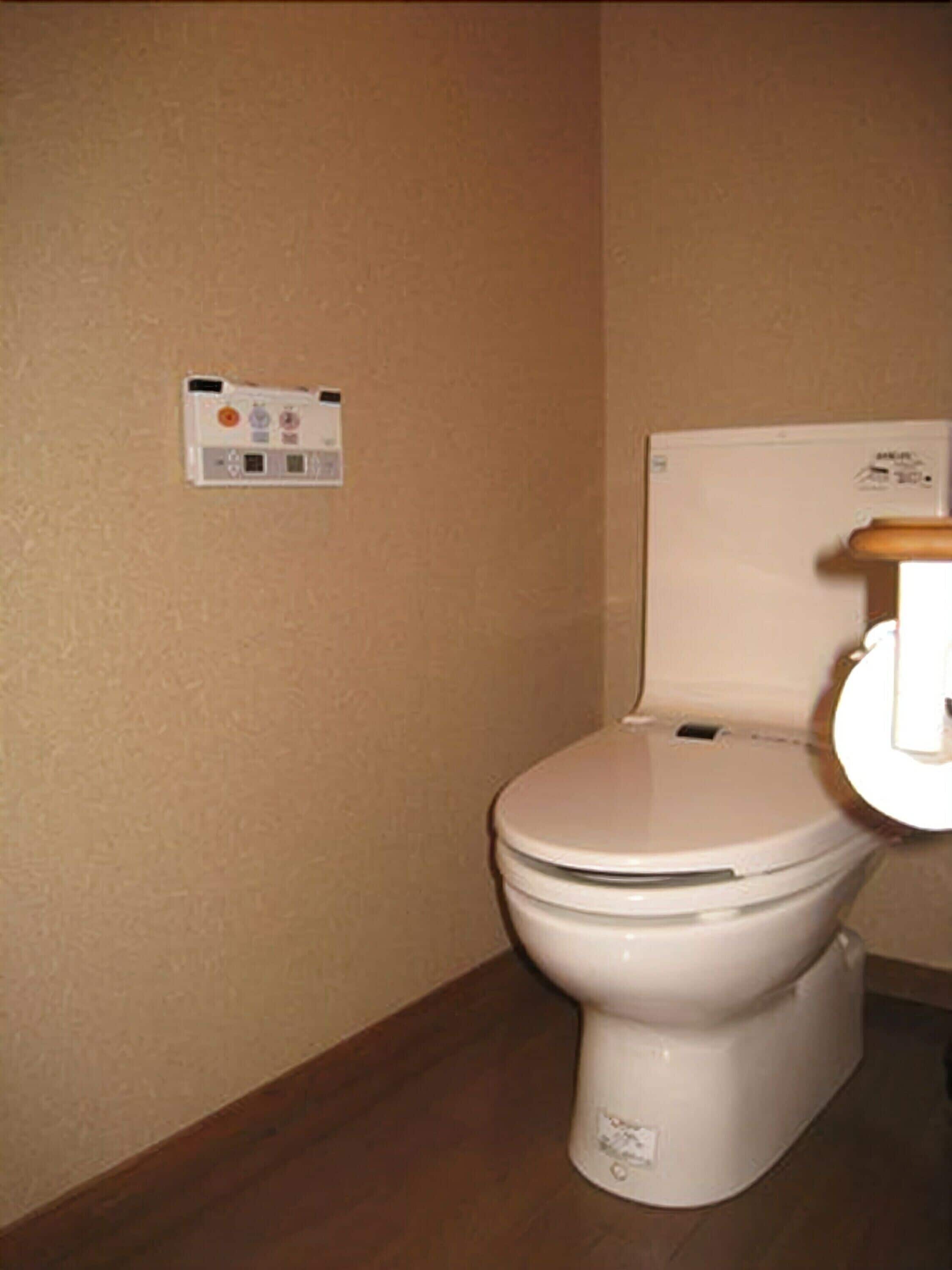 Inodoro blanco estándar con asiento y tapa de madera, un accionador de descarga en la pared y un panel de control de descarga también en la pared.