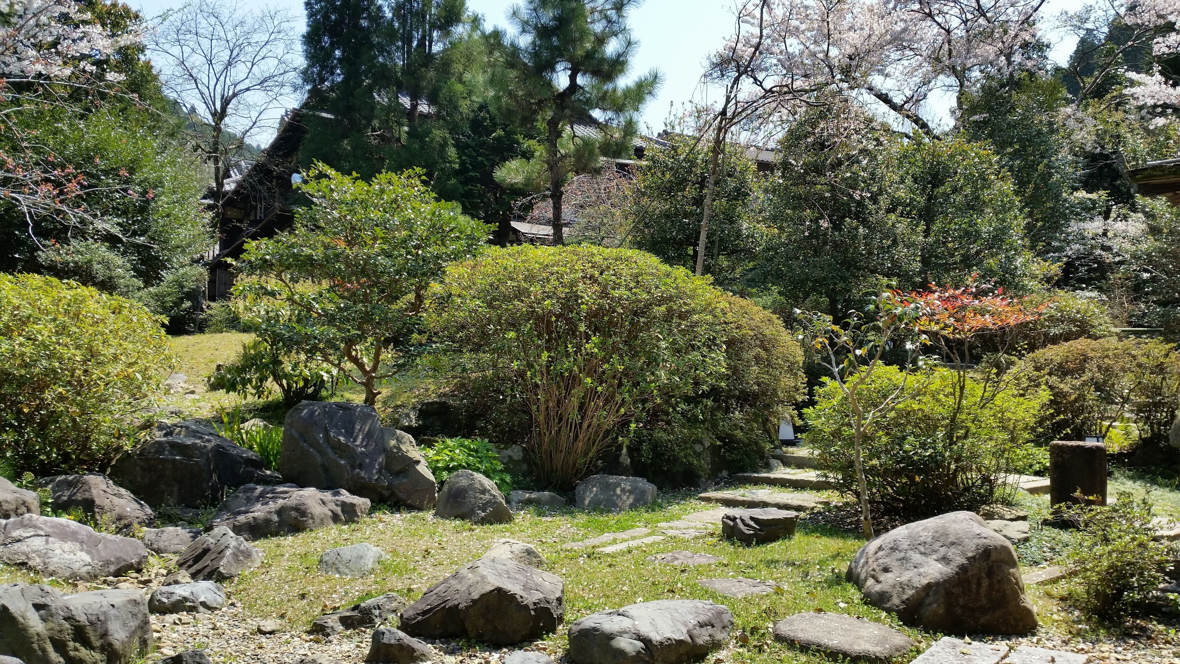 A garden with various trees, shrubs, and large rocks.